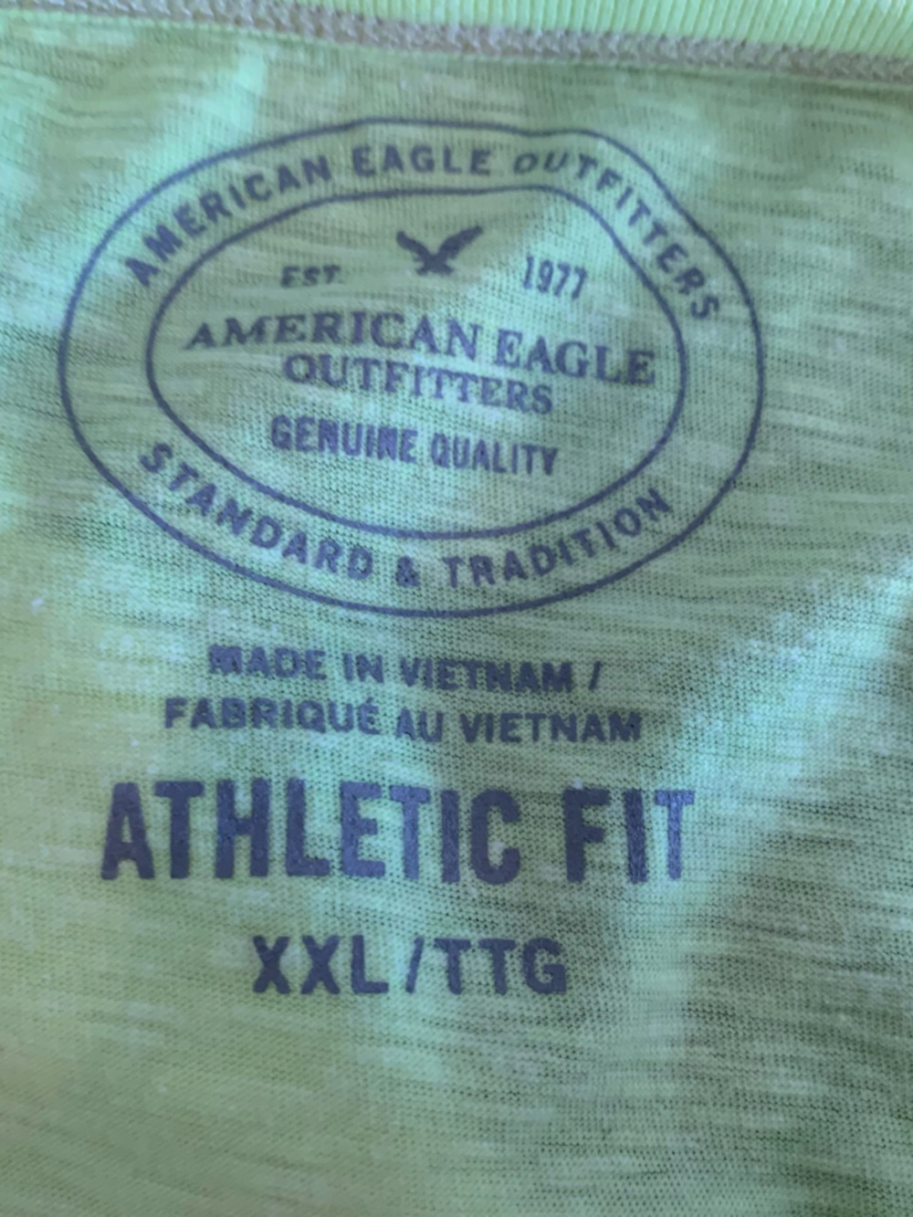 American Eagle Outfitters Neon Yellow Crewneck Tee with Navy Print - Unisex - Picture 2 of 7